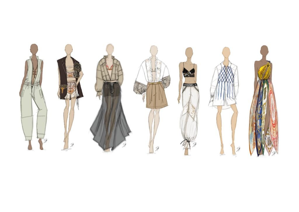 UNFOLD Capsule Collection von REAWAKE – Kleiderskizzen der sieben Looks.